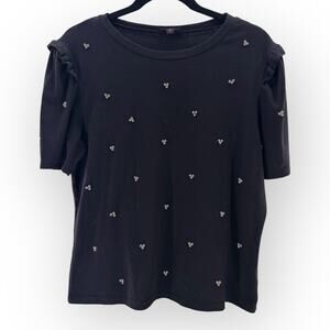 Boutique Black Top Pearl Detail & Ruffle Sleeves Ladies | Sz M | Minimalist Chic